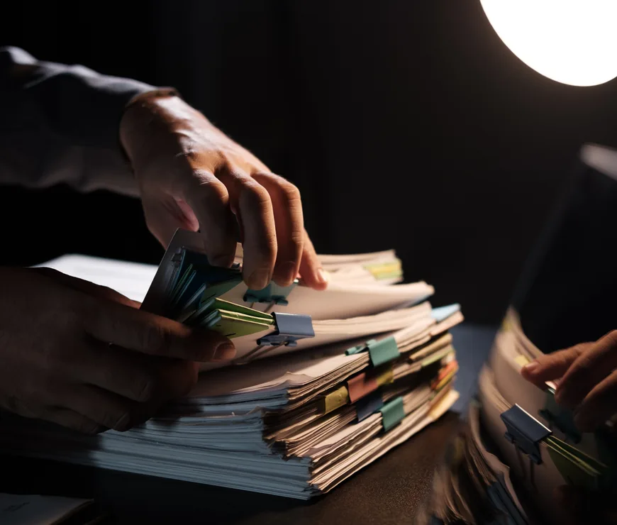 ملفات مرتّبة على مكتب، على ضوء مصباح.