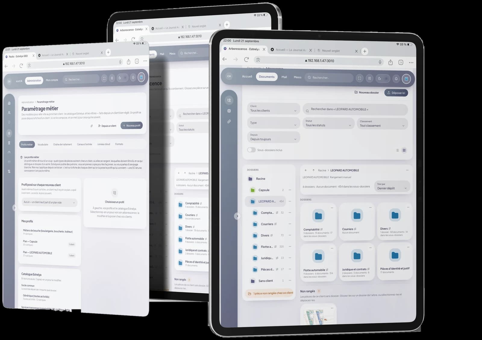 تطبيق Estrelya على ثلاثة أجهزة iPad: إعدادات المهنة وشجرة مجلدات أحد العملاء.