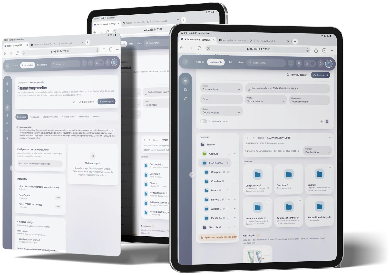 L’application Estrelya sur trois iPad : le paramétrage métier et l’arborescence des dossiers d’un client.